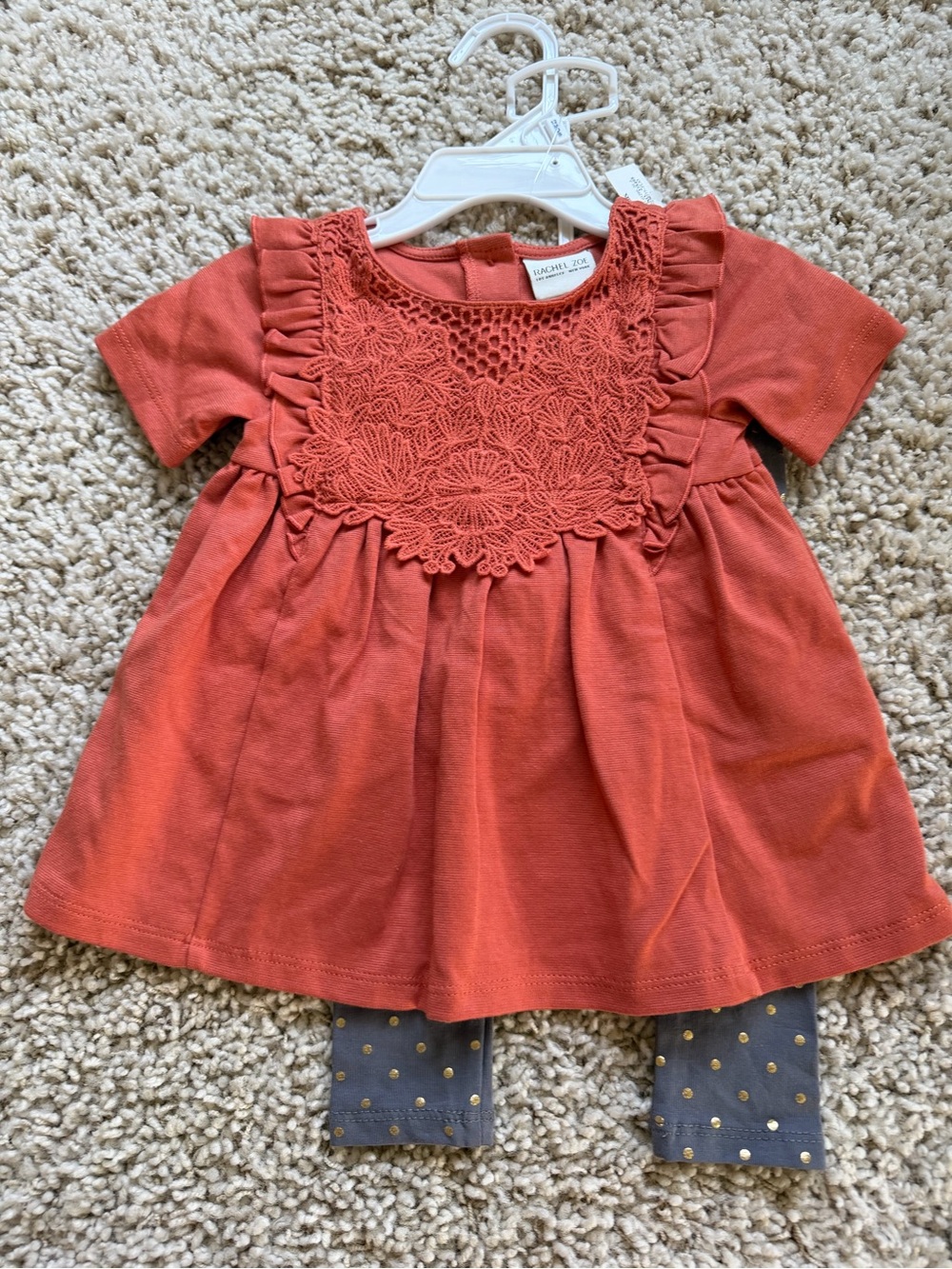 New Rachel Zoe Baby Girls Rust Orange Crochet Yoke Top pants set 12 month